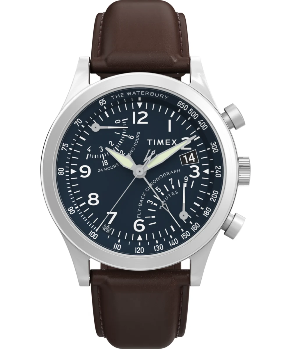 Timex Waterbury Traditional Fly Back Chronograph 43mm Leather Strap Watch TW2W47900 43 mm kol saati