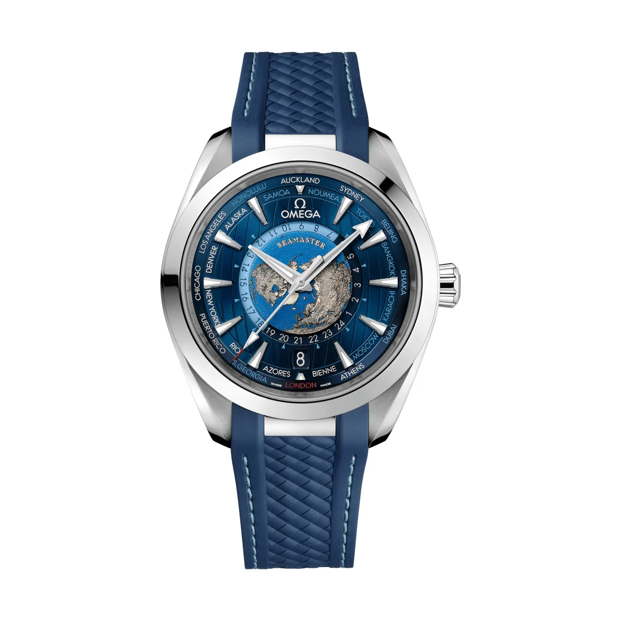 OMEGA Seamaster Aqua Terra 150M GMT Worldtimer 43mm - Blue on Rubber Strap O22012432203001 43 mm kol saati