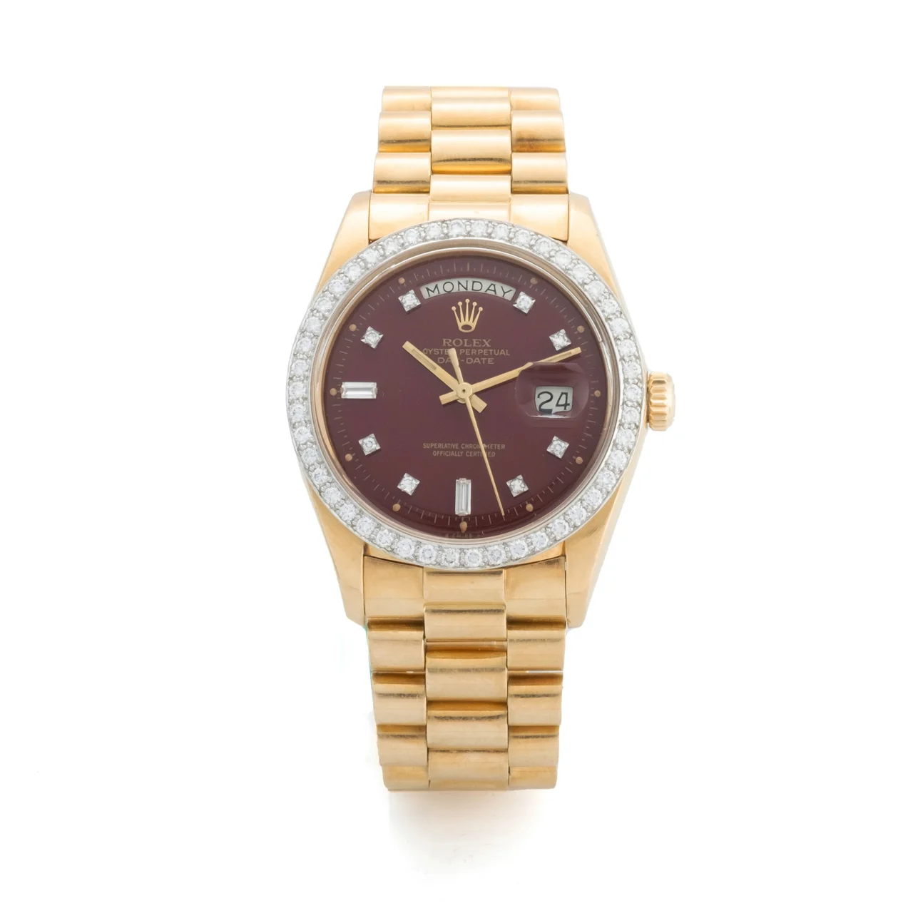 Rolex Ref. 1804, Day Date, Stella burgundy dial, Diamonds, Yellow gold kol saati