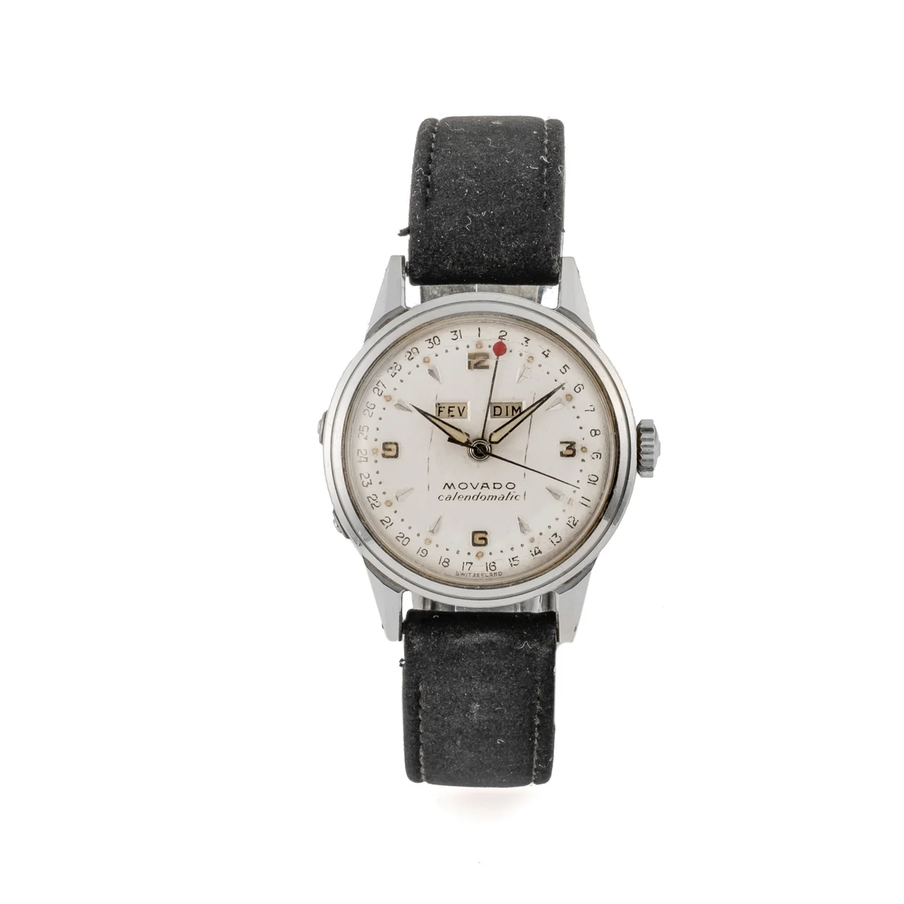 Movado Ref. 2523, self-winding, triple date à guichets (with apertures); “Calenderno ”; stainless steel kol saati