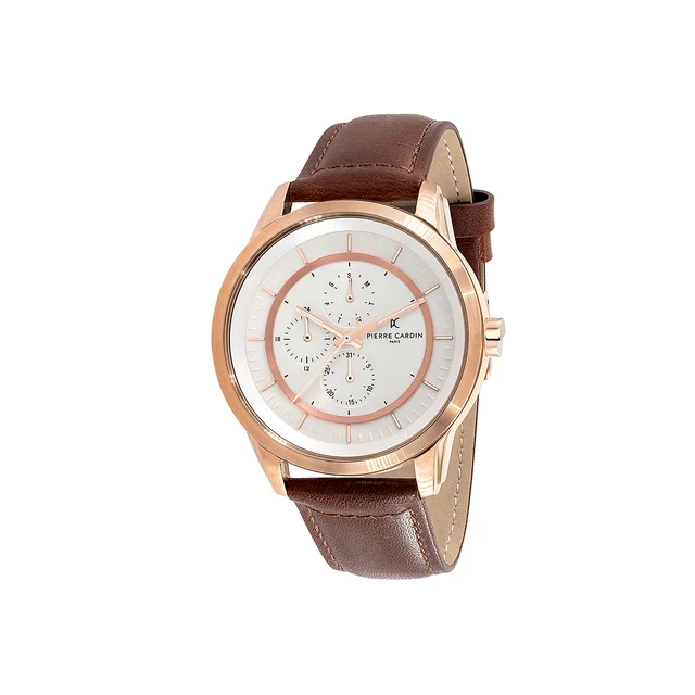 LES HALLES White Dial Rose Gold Multifunction Watch with Brown Leather Strap CCP.5012 kol