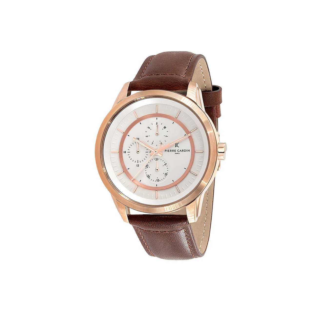 LES HALLES White Dial Rose Gold Multifunction Watch with Brown Leather Strap CCP.5012 45 mm kol saati