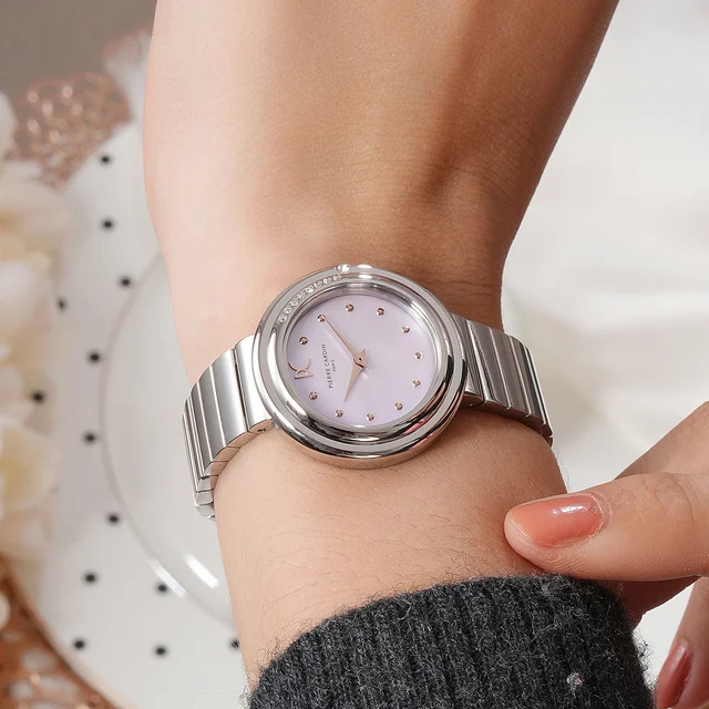 Passy Météore ’ Watch - Silver Case with Pink Mother of Pearl Look Dial, Crystal Bezel, an