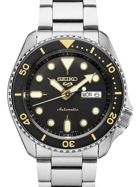 Seiko Sports 24-Jewel Automatic Watch with Black Dial and SS Bracelet #SRPD57 kol saati