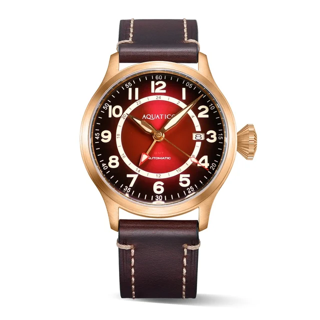 AQUATICO Bronze Horizon Hawk GMT Gradient Burgundy Dial kol saati