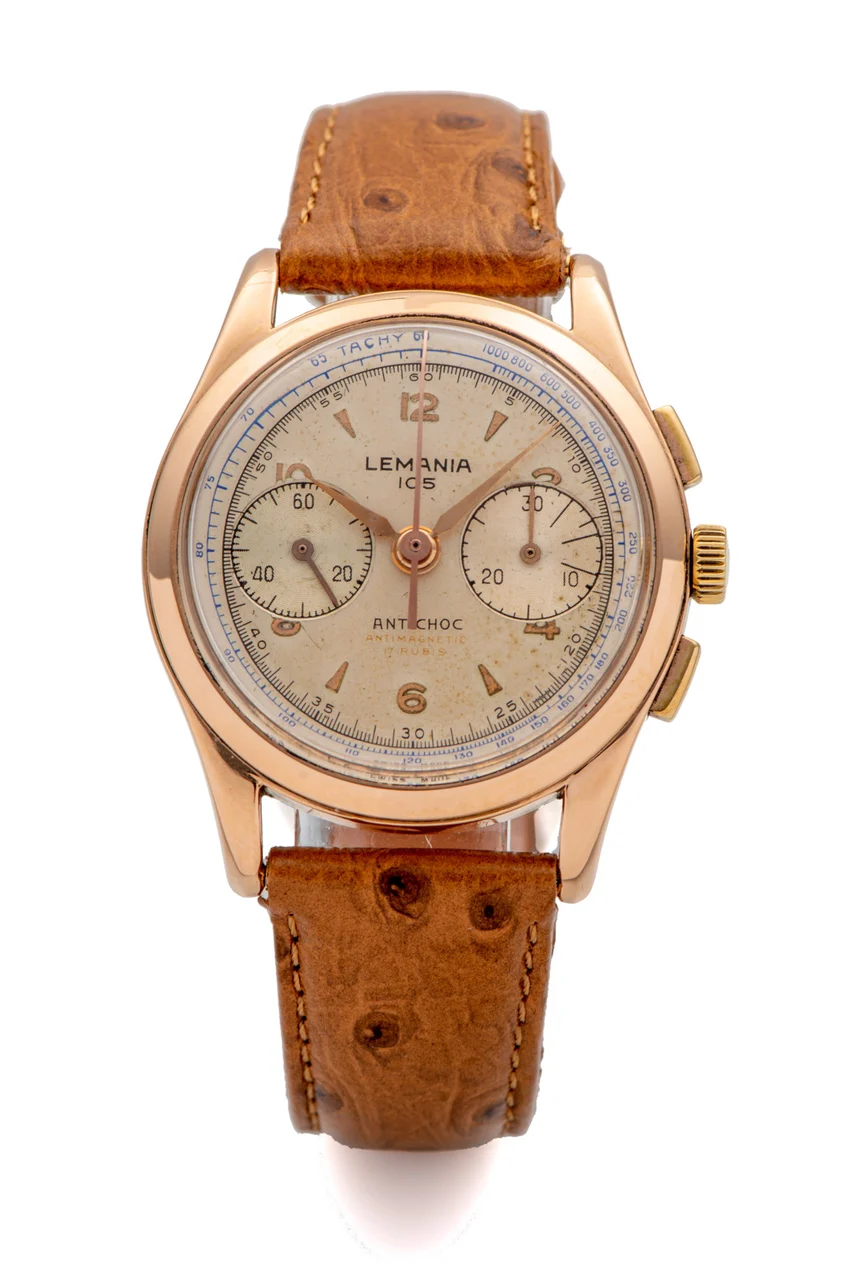 Lémania Watch Alfred Lugrin Ref. 248, chronograph, minute counter, silver dial; “105”; 18K yellow gold kol saati