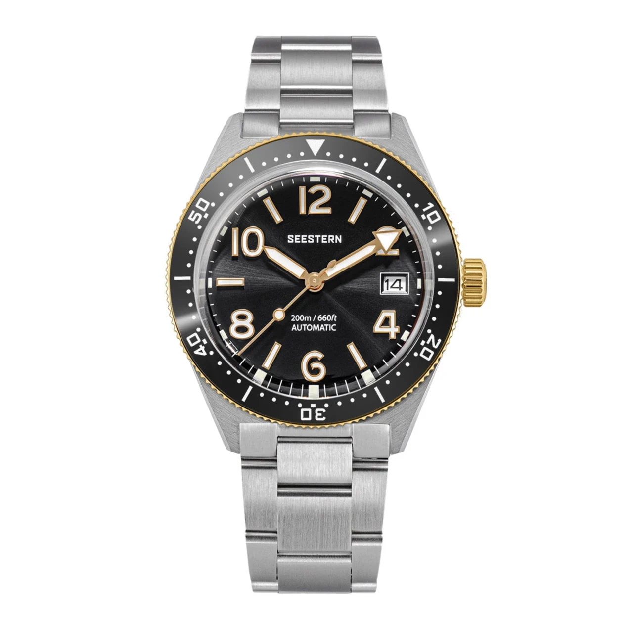 Sugess Seestern S434-2 Stainless-Steel Black Dial Gold Bezel Profes 39 mm kol saati