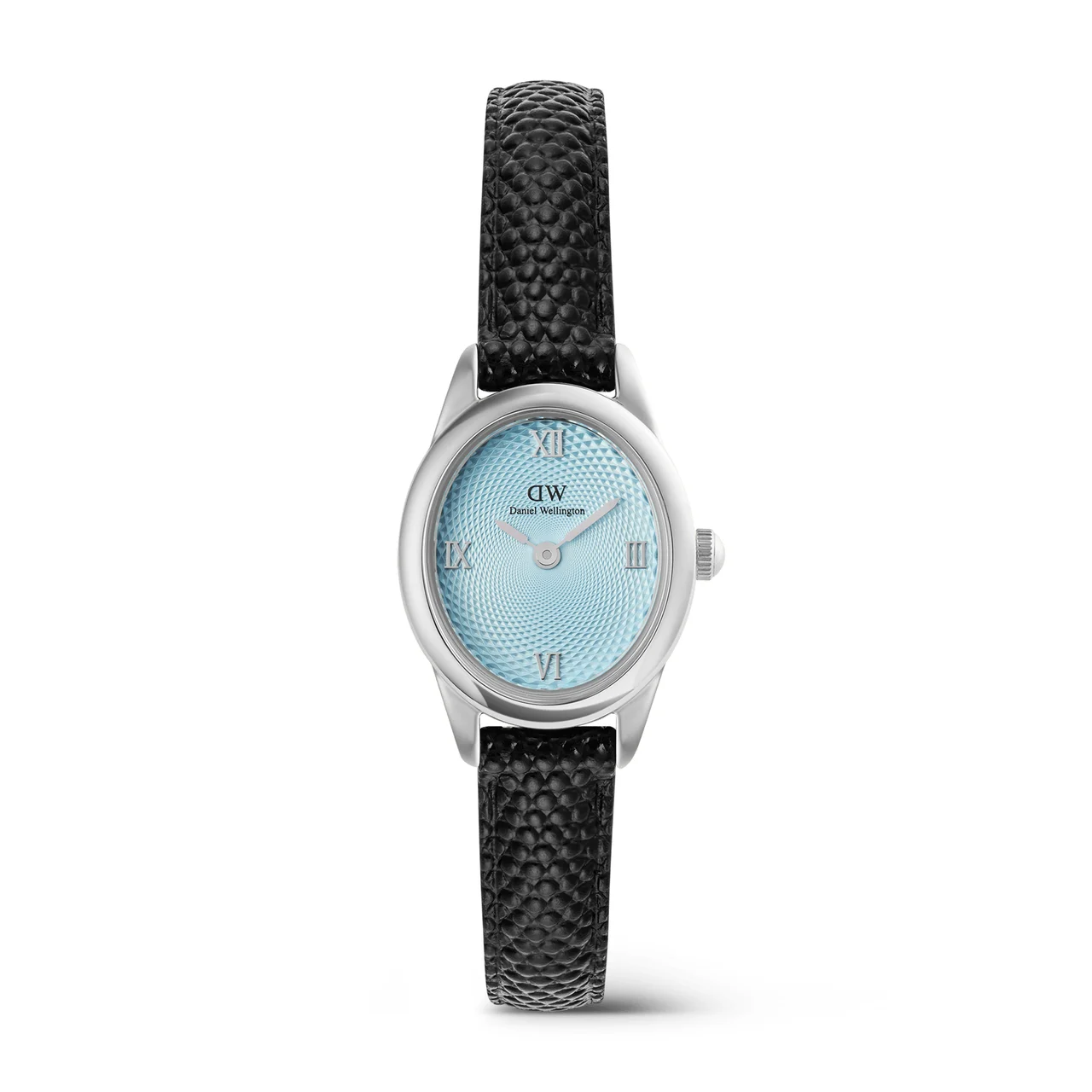 DANIEL WELLINGTON Ophelia Mini Black Lizard Ice Blue Guilloché Silver DW00100896 kol saati