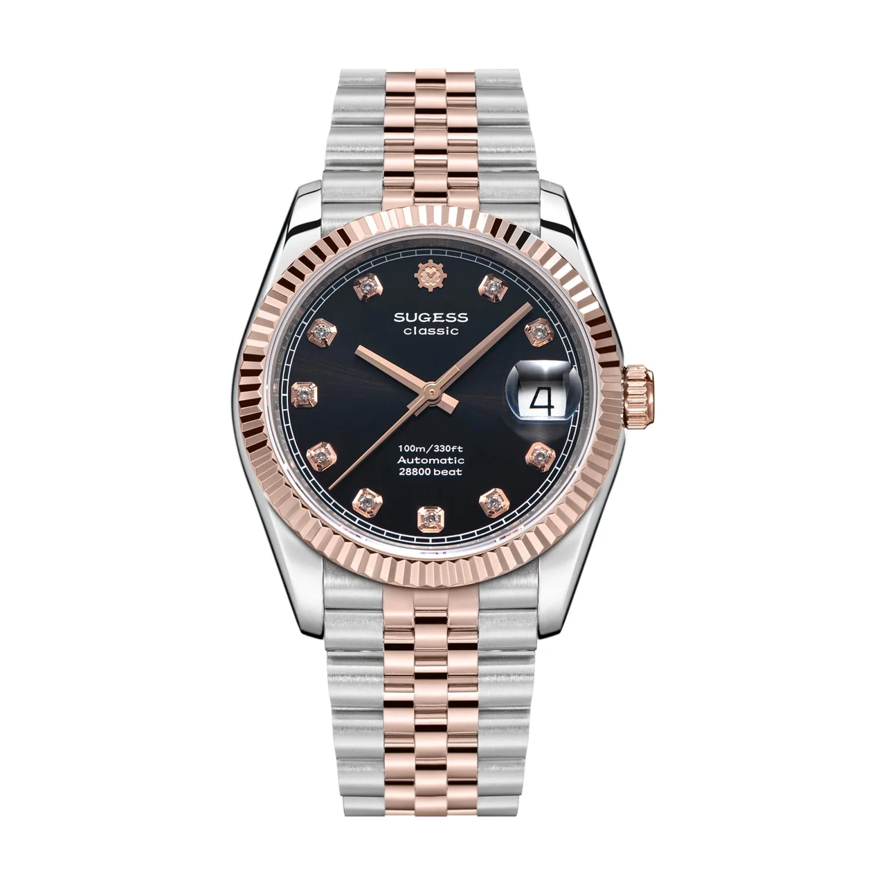 Sugess Automatic Classic S447 Black Dial Crystal Indices Rose Gold 36 mm kol saati