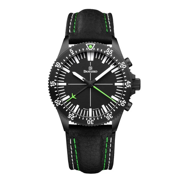 Damasko Black 42mm Chronograph, Green Accents, with 60-Minute Stopwatch Function #DC80BK-G