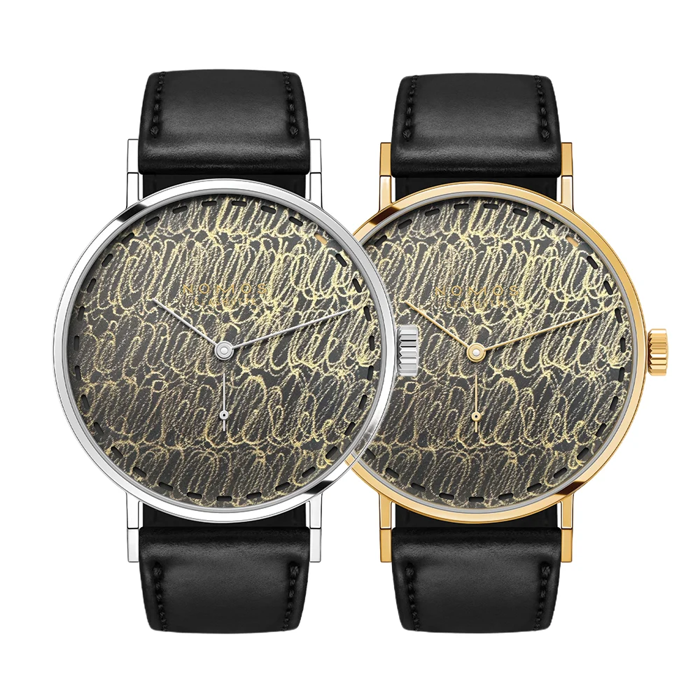NOMOS Glashütte Twice Unique "Scribble Dark" Tangente Neomatik Update Steel and Gold 38mm - Grey on Leather Strap 147195TU8 38 mm kol saati