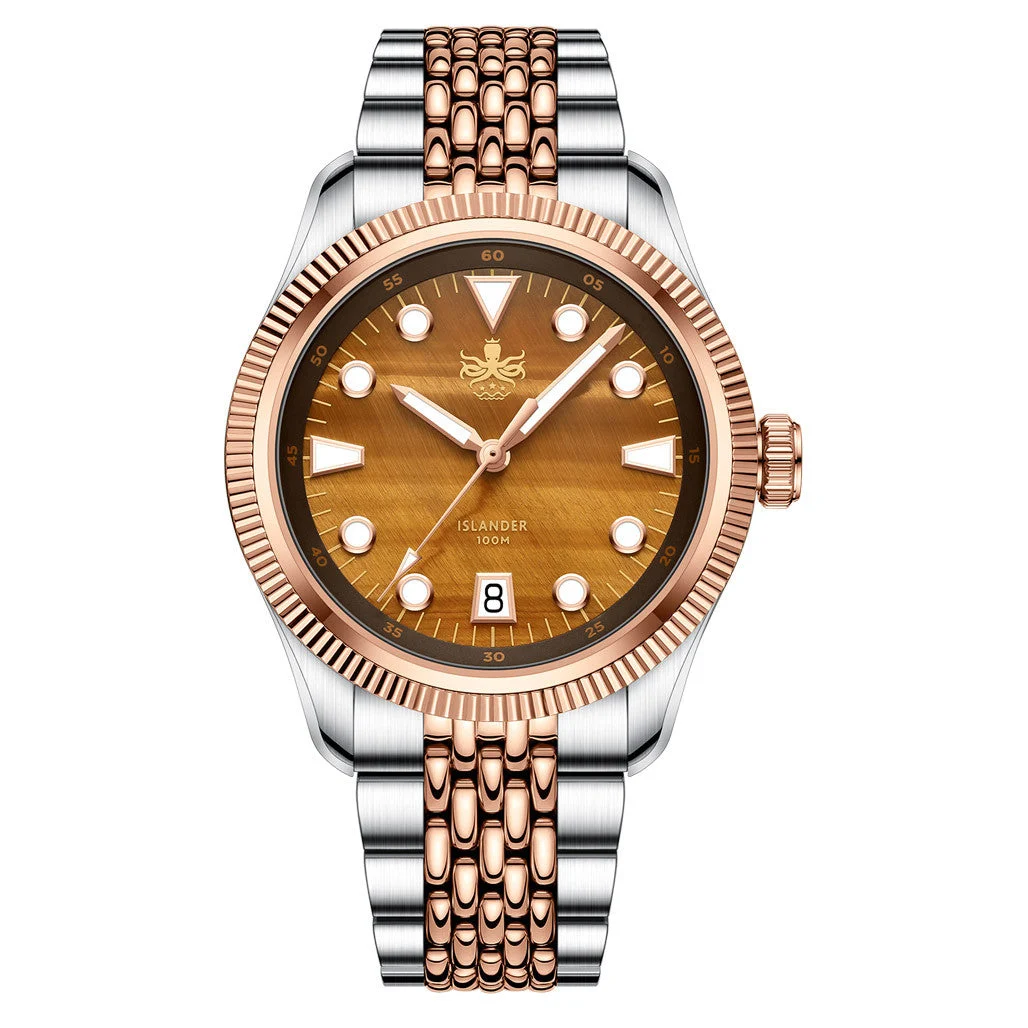 Phoibos ISLANDER Delphinus Tiger's Eye Stone Dial Watch #PY066-LIW22 39 mm kol saati