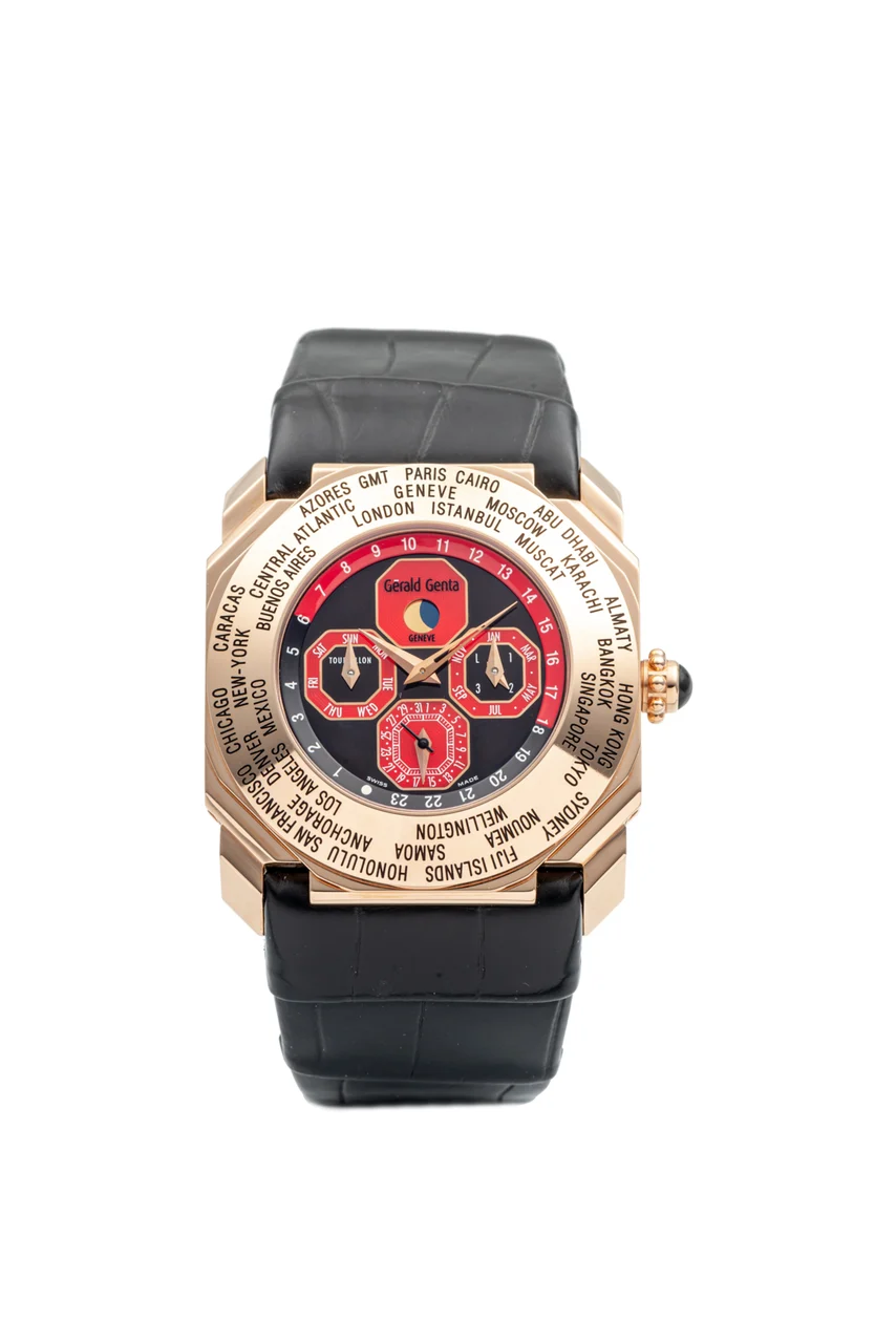Gerald Genta GERALD GENTA, REF. OTW.Y.50, PERPETUAL CALENDAR TOURBILLON, REVOLVING WORLD TIME BEZEL, PINK GOLD kol saati
