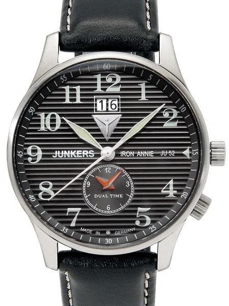 Junkers Iron Annie Big Date, Dual Time Watch with Corrugated Dial #6640-2 kol saati