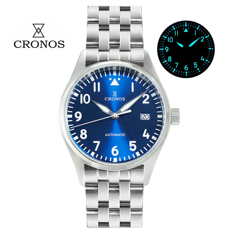 Cronos Watch Store Cronos 39mm Vintage Pilot Mechanical Men Watch 5links Bracelet L6012 Cronos-L6012-pt机芯-黑面-cronos徽标-钢带 39 mm kol saati