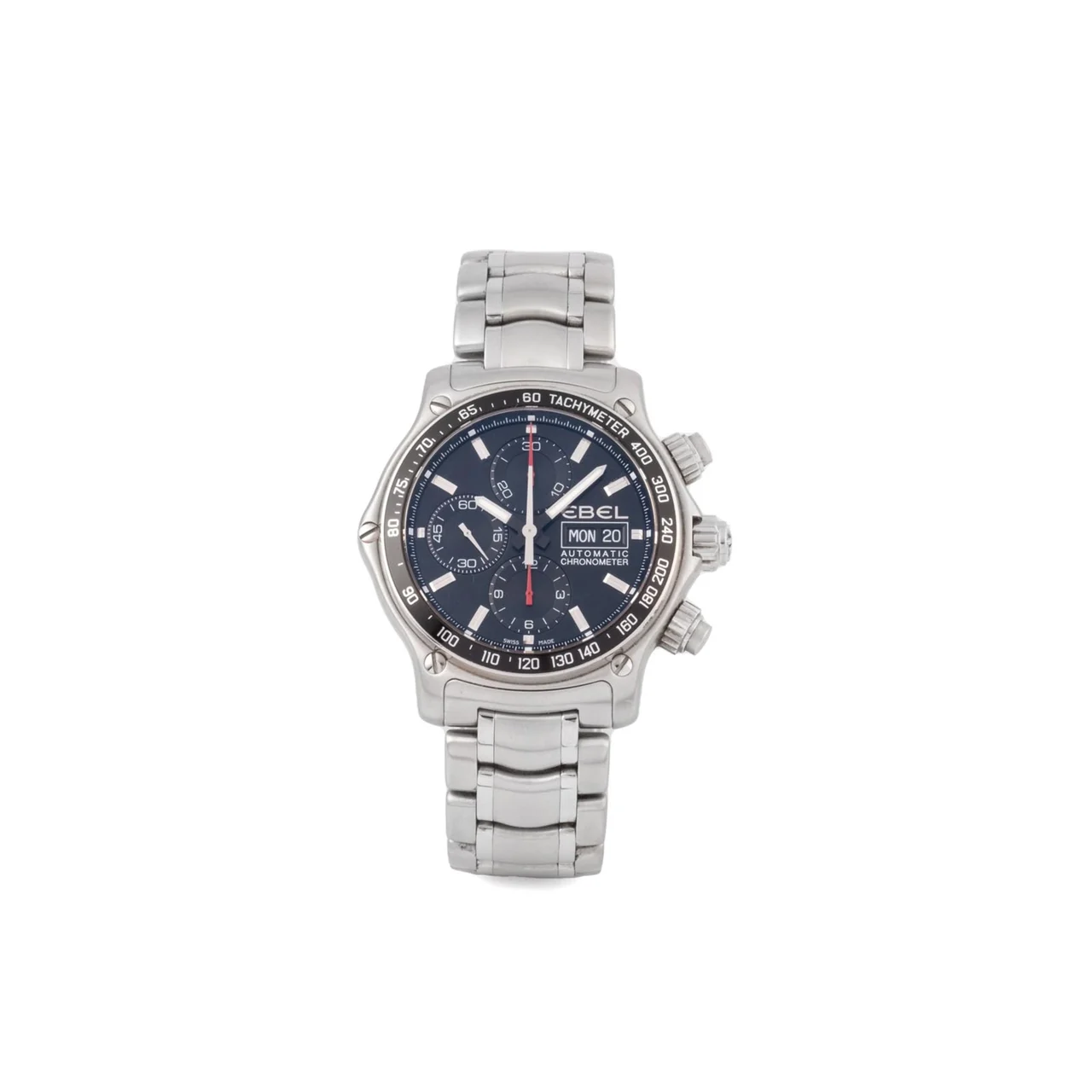 Ebel Ref. 9750L62, large self-winding, chronograph, minute and hour counters, date, day, black dial; “1911 Discovery”; stainless steel kol saati