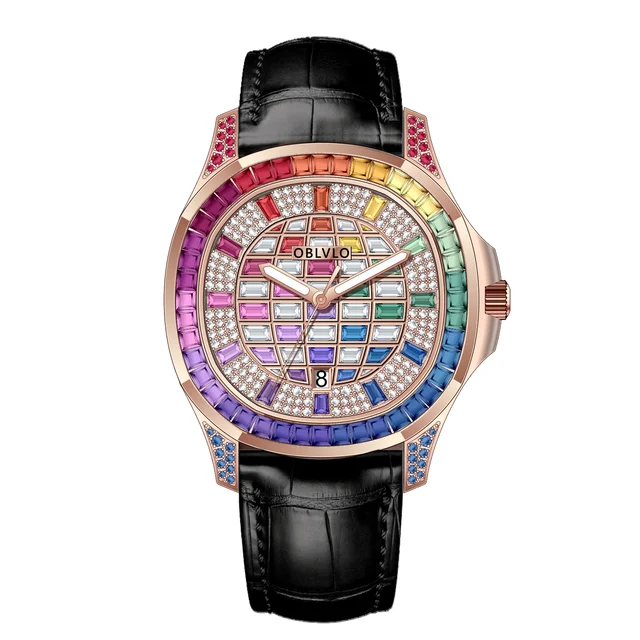 OBLVLO Leather Strap ,Rainbow gradient Dial FM FM Series,40mm,Black Leather Strap ,Rainbow