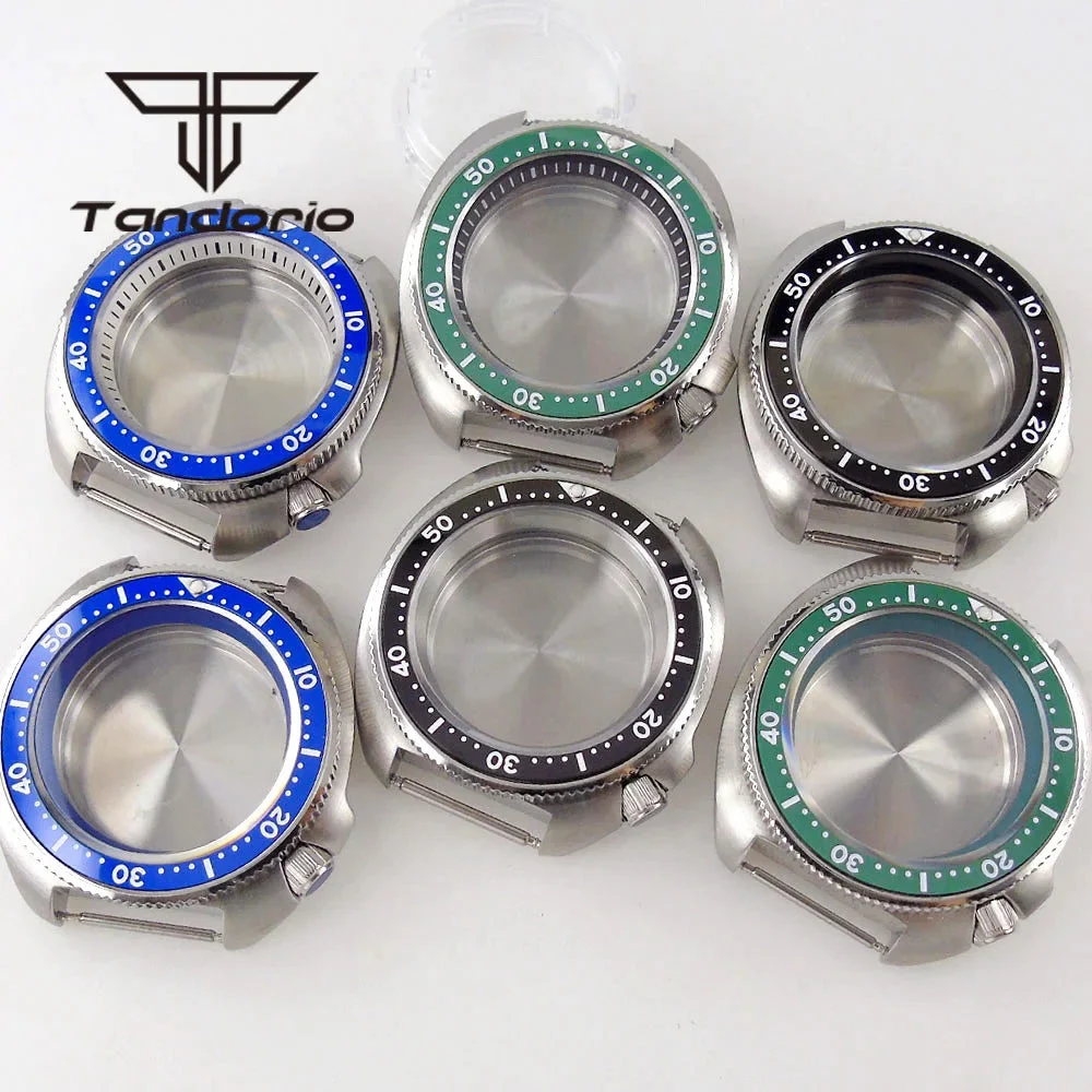 Tandorio Captain Willard Watch Case Stainless Steel Brushed Turtle Abalone 6105 Watch Case 20BAR Sapphire Glass Ceramic Rotating Bezel Fit NH34 NH35 NH36 ETA2824 PT5000 Movt 1005010158738878-blue-black ring-for ETA2824 PT5000 44 mm kol saati