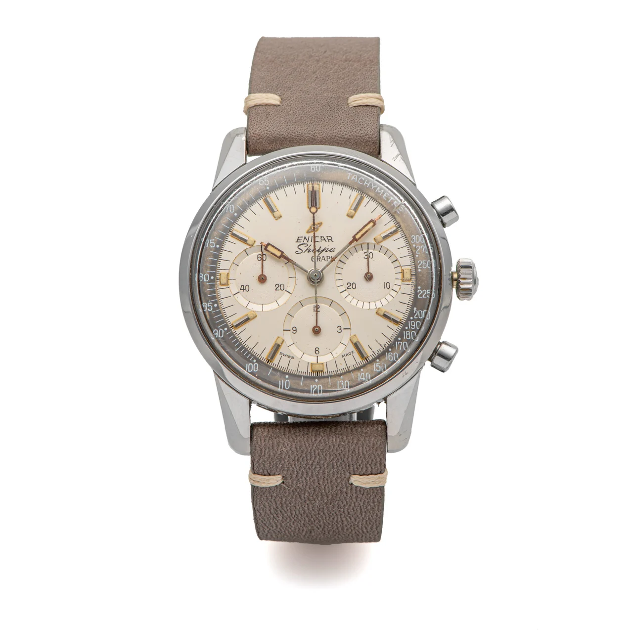 Enicar ENICAR, REF. 072-02-01, SHERPA GRAPH CHRONOGRAPH, SO CALLED “JIM CLARK” WHITE DIAL, VALJOUX 72, STEEL kol saati