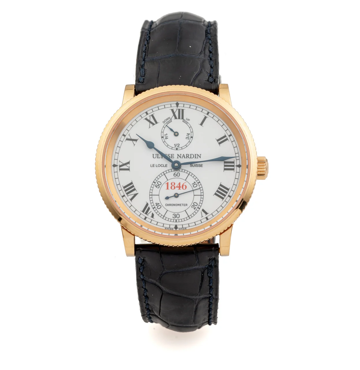 Ulysse Nardin Ref. 266-22, self-winding, oversized subsidiary seconds, enamel dial; “150th Anniversary, 1846-1996” “Marine Chronometer”; limited edition of 750 examples; 18K yellow gold kol saati