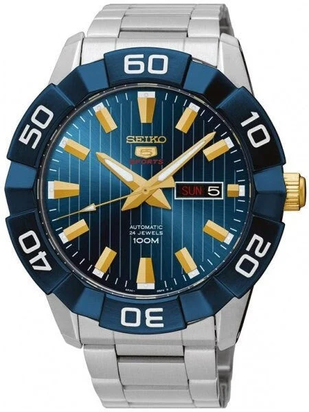Seiko Sports 5 Automatic 24-Jewel Watch with Pinstriped Blue Dial #SRPA53K1 45 mm kol saati