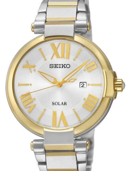 Seiko Two-Tone Solar Dress Watch with Silver Dial, Goltone Hands and Markers #SUT174 32.5 mm kol saati