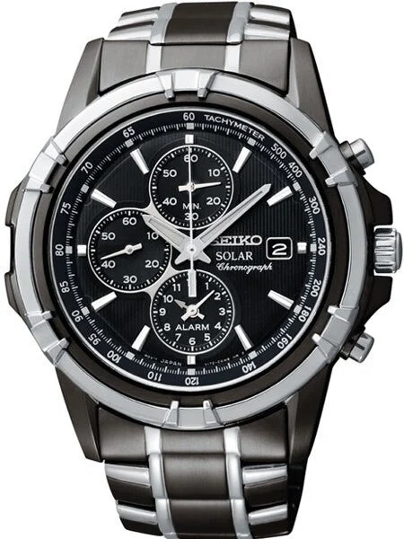 Seiko Essentials Solar IP Chronograph and Alarm with Black Dial #SSC143 kol saati