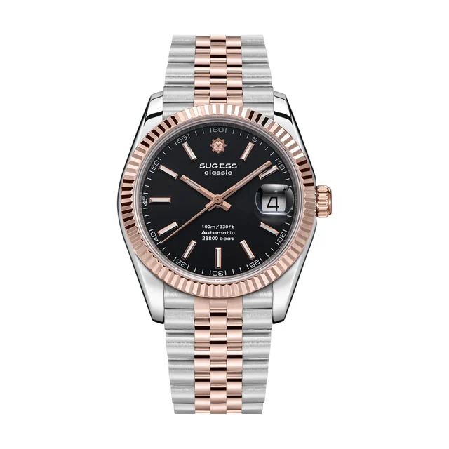 Sugess Automatic Classic S447 Black Dial Rose Gold Two Tone Fluted kol saati