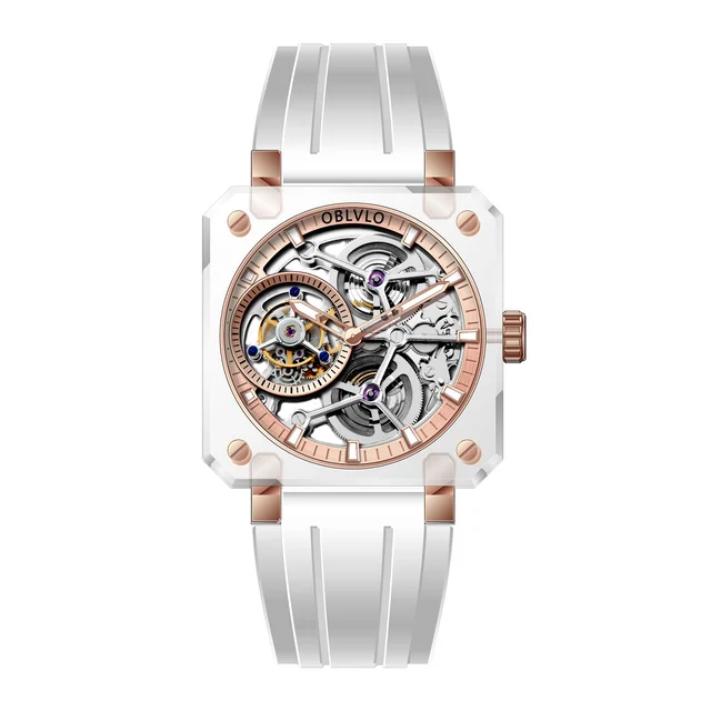 OBLVLO Series, 43mm,White Rubber Strap ,Rose gold Dial ,BR-TB-IP BR Series, 43mm,White Rub