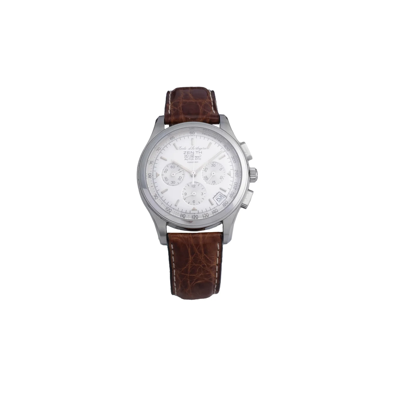 Zenith – Horological School of Porrentruy Ref. 01.0500.400, self-winding, chronograph, minute and hour counters, date; “El Primero”, “Ecole d’Horlogerie, Porrentruy”; stainless steel -- The Pièce Ecole (school piece) of Laurent F…, Master Watchmaker kol saati