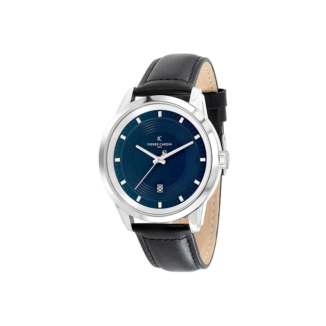 LES HALLES Blue Dial Silver Watch with Black Leather Strap CCP.5020 kol saati