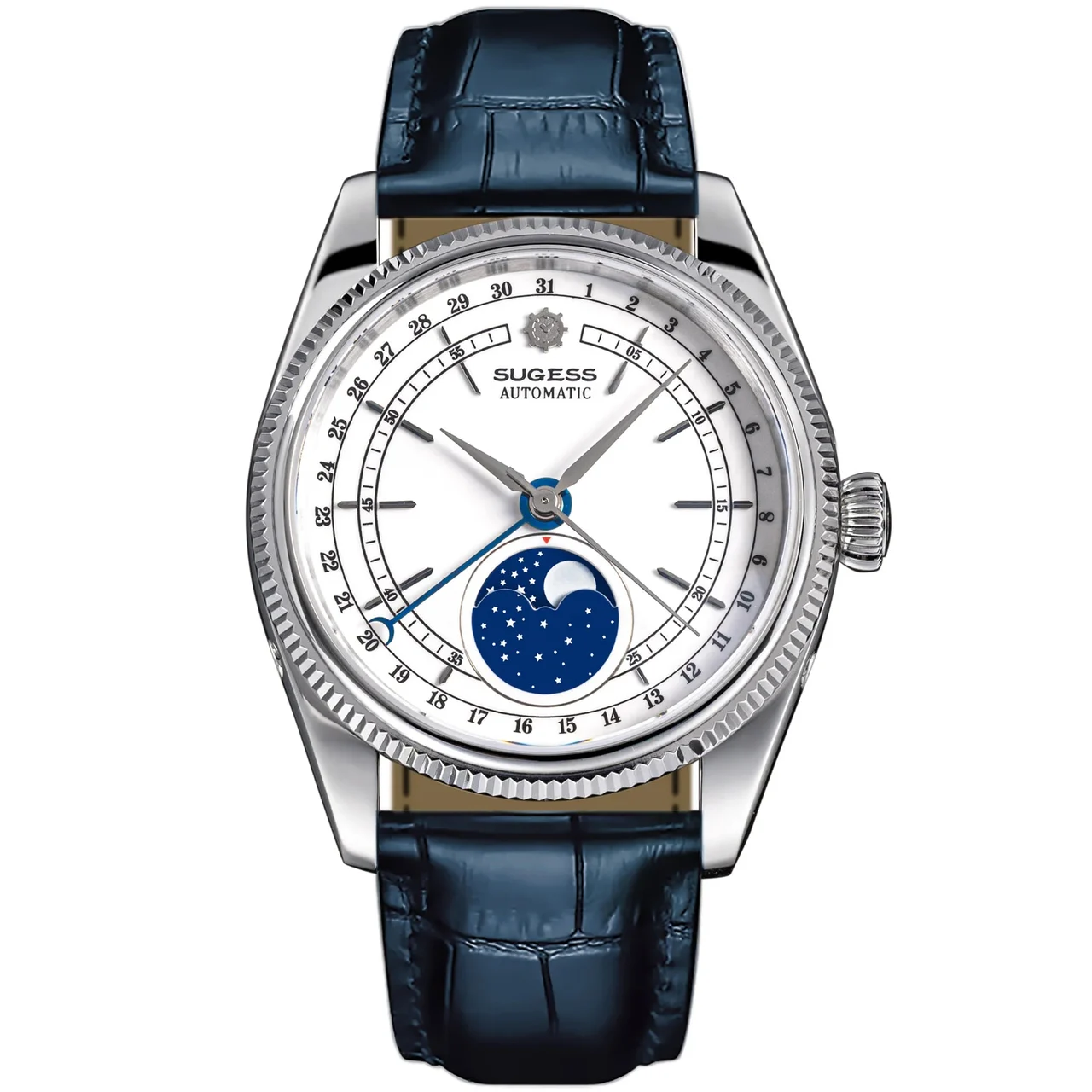Sugess MoonPhase Master S452 Stainless-Steel White Dial Deep Blue S 40 mm kol saati