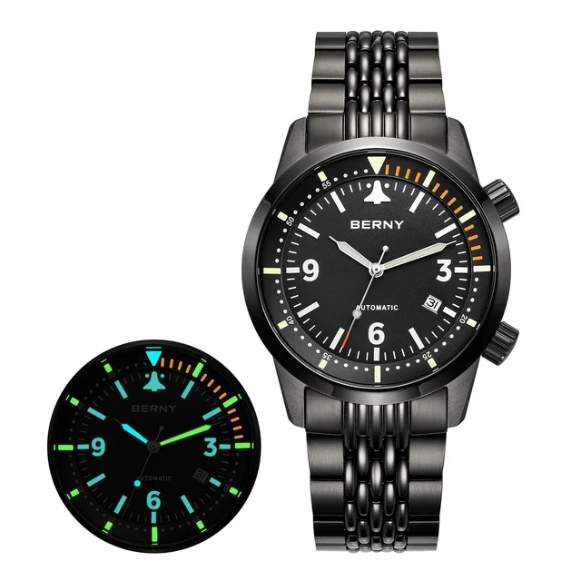 BERNY Men Automatic Black Aviation Watch-AM169MS-BLK kol saati