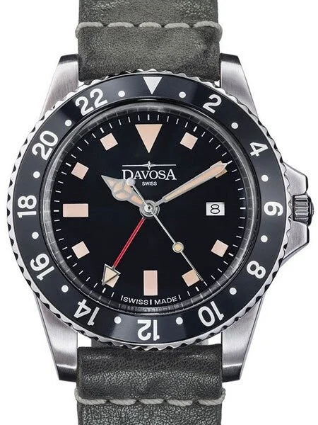 Davosa Vintage-Styled 100-Meter GMT Dual Time Watch with Black Dial #16250055 39 mm kol saati