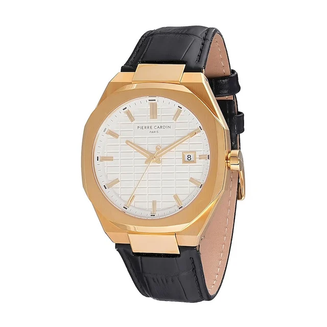 Elysee Maison 8 Checkers Men’s 42mm Gold Watch - Silver White Checkered Dial with Black Le