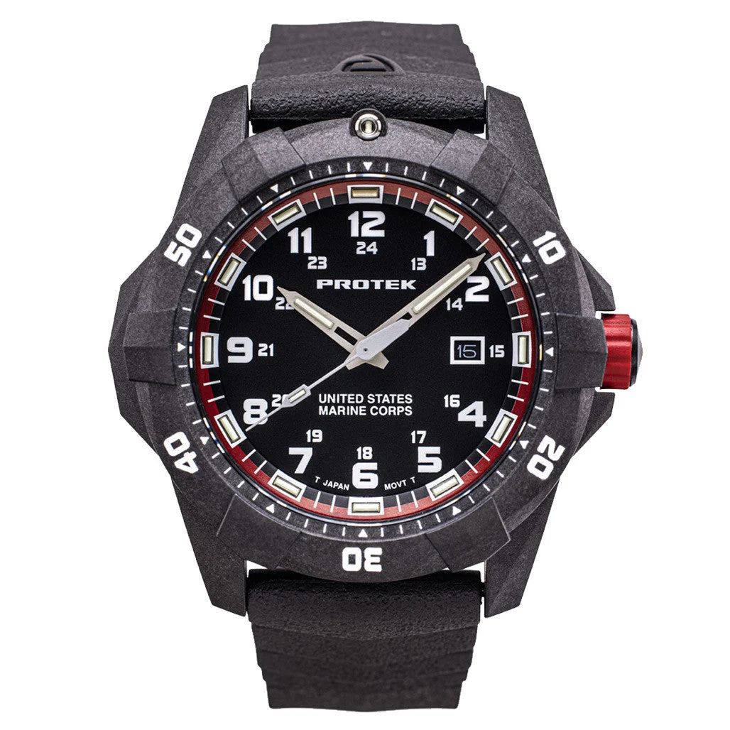 Protek Carbon Composite Official USMC Tritium Dive Watch with Red Accents #PT1012-USMC kol saati