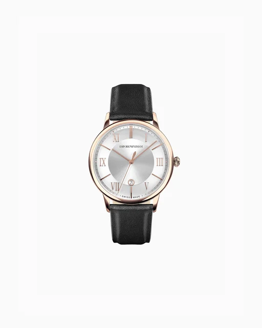 Emporio Armani Swiss Made Three-Hand Date Black Leather Watch ARS5000 kol saati