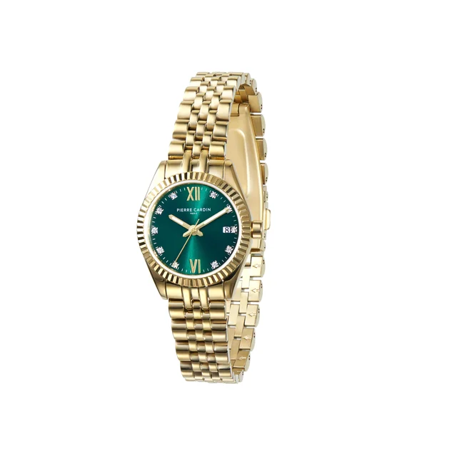 OPERA PLISSÉ Opera Gold Date Watch with Fluted Bezel and Crystals on a Green Dial COP.1000