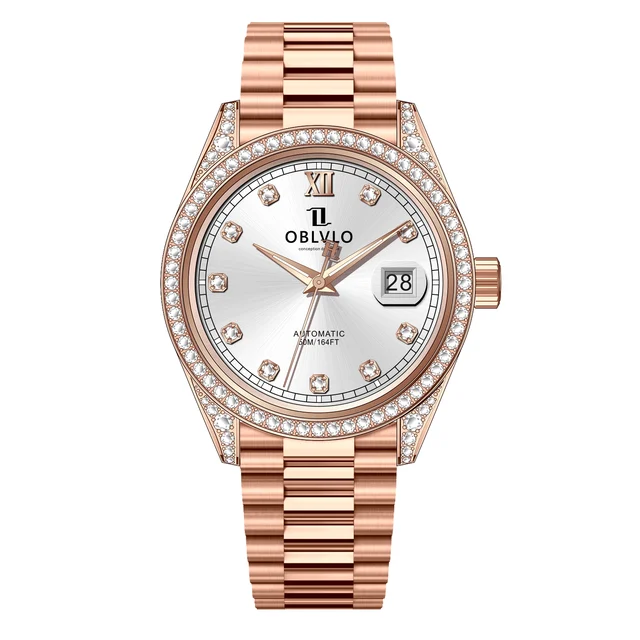 OBLVLO Bezel,Rose Gold Steel Strap,Blue Dial RX Series,40mm,Diamond Bezel,Rose Gold Steel