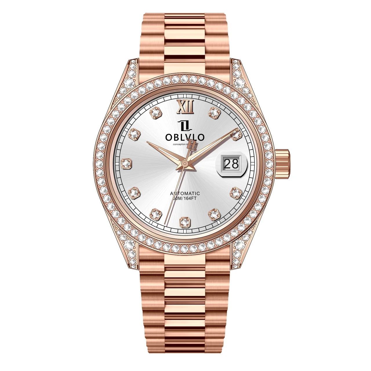 OBLVLO Bezel,Rose Gold Steel Strap,Blue Dial RX Series,40mm,Diamond Bezel,Rose Gold Steel Strap,Blue Dial 40 mm kol saati