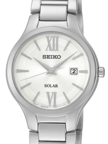 Seiko Solar Watch with White Dial and Silvertone Hands and Markers #SUT207 kol saati