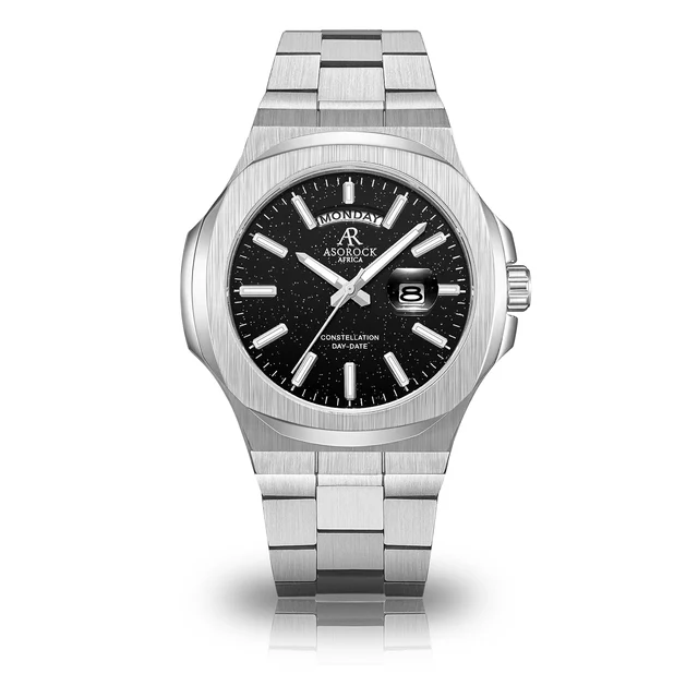 ASOROCK WATCHES Silver/Black plain Constellation Day Date kol saati
