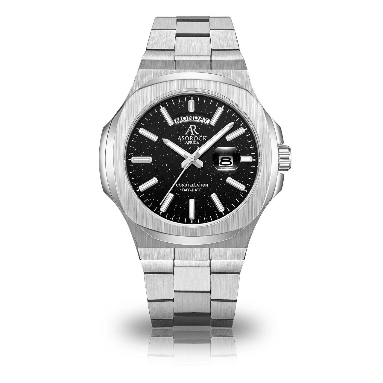 ASOROCK WATCHES Silver/Black plain Constellation Day Date 44 mm kol saati