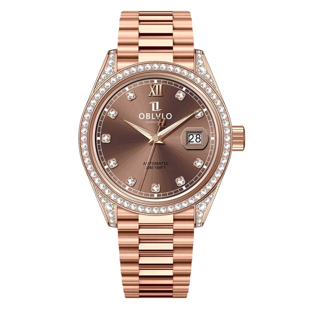 OBLVLO Bezel,Rose Gold Steel Strap,Rose Gold RX Series,40mm,Diamond Bezel,Rose Gold Steel 