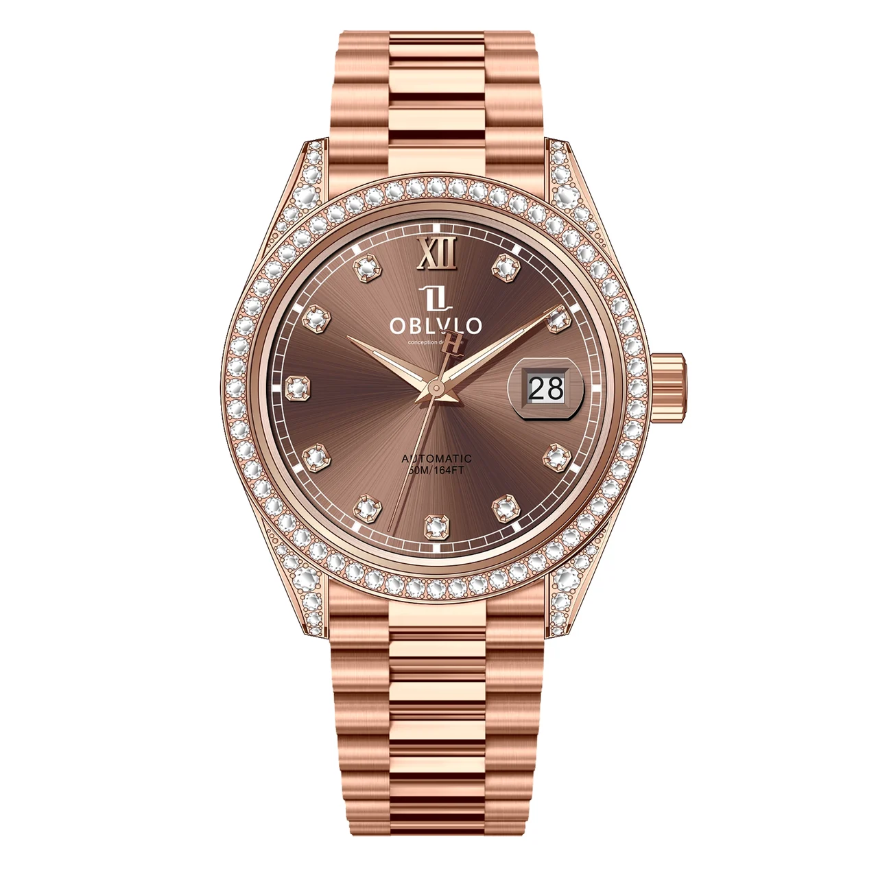 OBLVLO Bezel,Rose Gold Steel Strap,Rose Gold RX Series,40mm,Diamond Bezel,Rose Gold Steel Strap,Rose Gold 40 mm kol saati