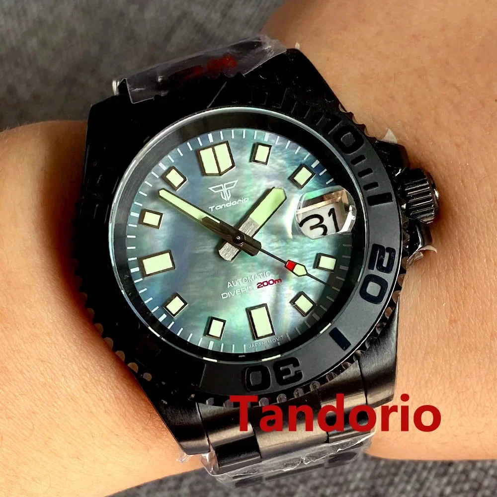 Tandorio MOP PVD Yacht-Master Submariner Sapphire Japan NH35A Diver 14:173#black green sterile 40 mm kol saati