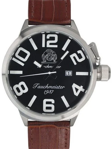 Tauchmeister XXL 58mm Black Dial Military Watch with Crown Protector #T0289 kol saati