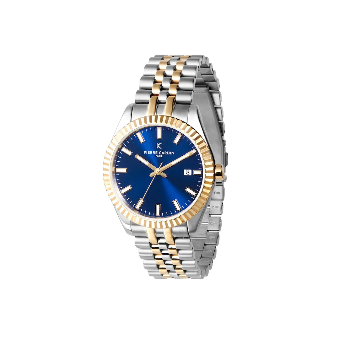 OPERA MENS Opera Two tone Stainless Steel and Yellow Gold Date Watch with Fluted Bezel and Blue Dial COP.0005 40 mm kol saati