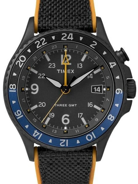 Timex Allied Three GMT Quartz Watch with Black Dial and INDIGLO Night-Light #TW2R70600VQ 43 mm kol saati