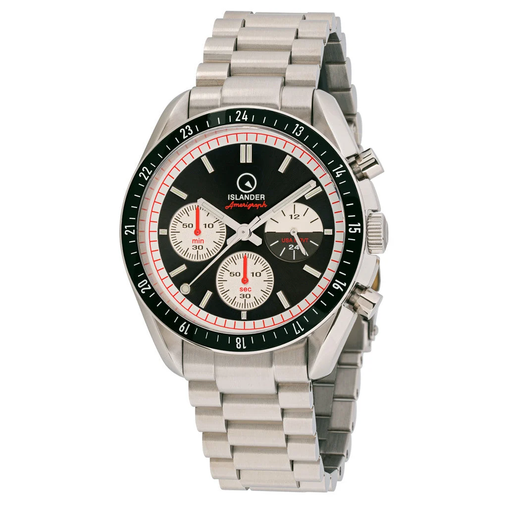 Islander USA Assembled Bethpage Amerigraph with Brushed Black Dial and Chronograph Function #ISL-201 47 mm kol saati